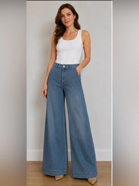 BCBG Generation 7/28 High Rise Wide Leg Trouser Jeans Blue Stretch Denim